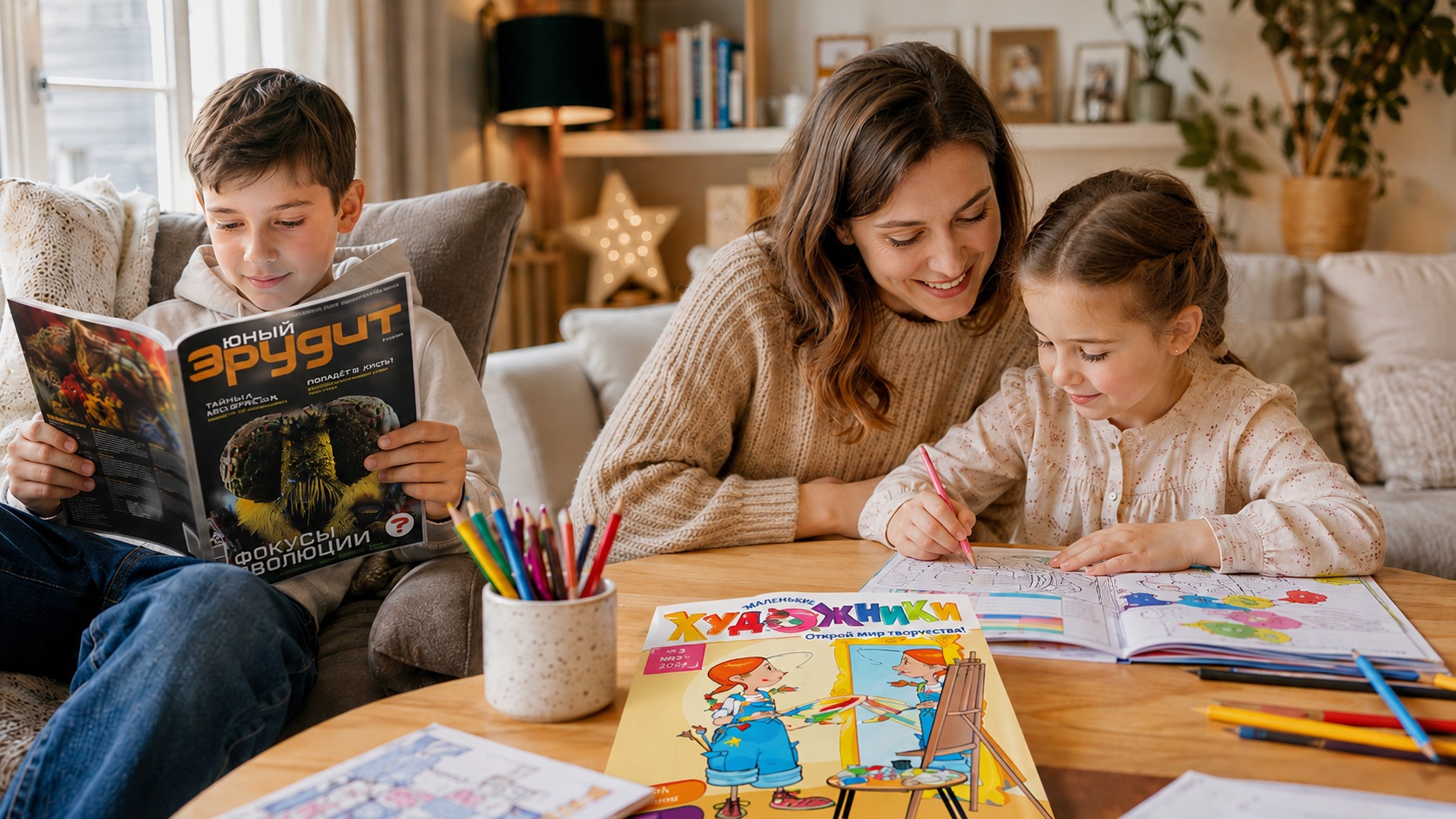 Ein Junge liest die russische Kinderzeitschrift „Юный эрудит“, während seine Schwester am Tisch mit der Zeitschrift „Маленькие художники“ malt. Die Mutter sitzt lächelnd daneben und schaut ihrer Tochter zu. Auf dem Tisch liegen Buntstifte und Malblätter.
