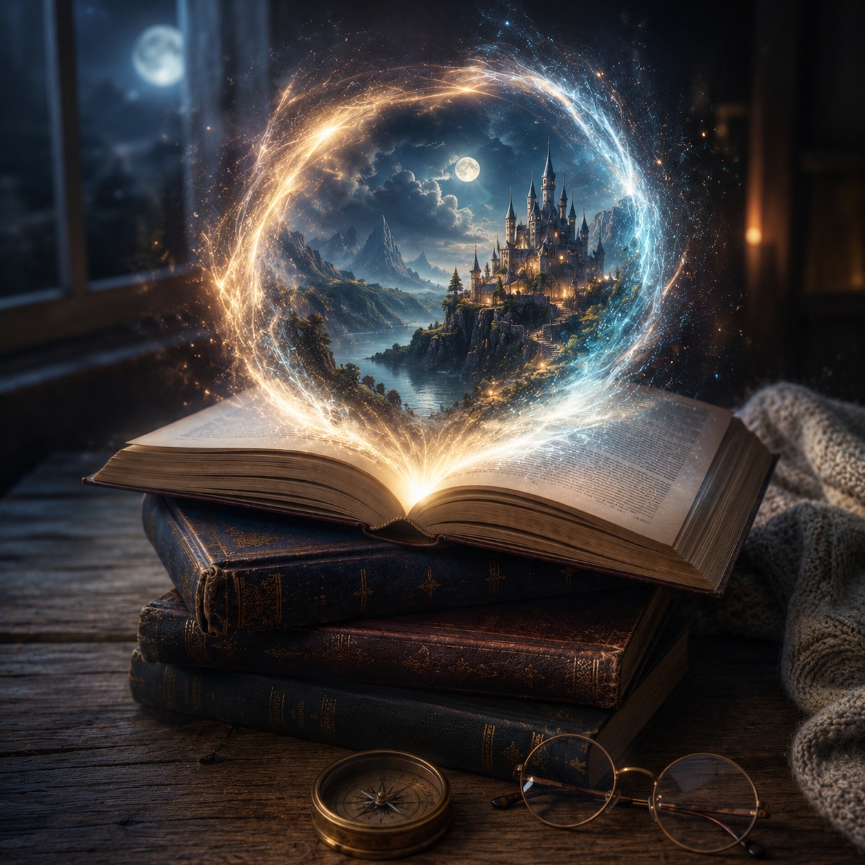 Ein geöffnetes Buch liegt auf einem Stapel alter Bücher und öffnet ein leuchtendes Portal zu einer mystischen Fantasiewelt mit Schloss, Mondlicht und Bergen.