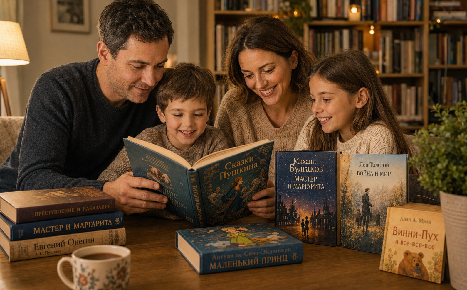 Familie liest gemeinsam ein russisches Kinderbuch in gemütlicher Wohnzimmeratmosphäre, umgeben von russischen Klassikern und Tee.  Titel: