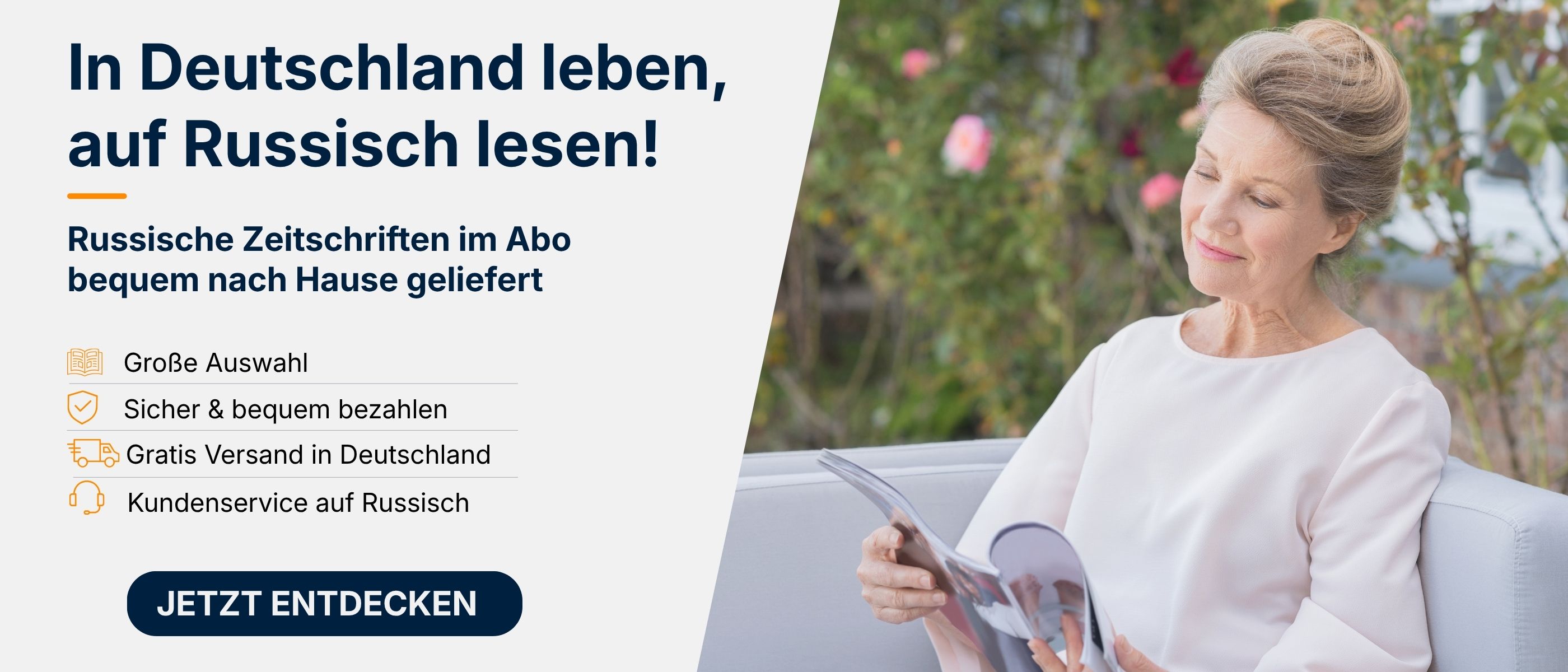 Banner „In Deutschland leben, auf Russisch lesen!“ mit Frau, Zeitschrift, Abo-Vorteilen und Button „Jetzt entdecken“.