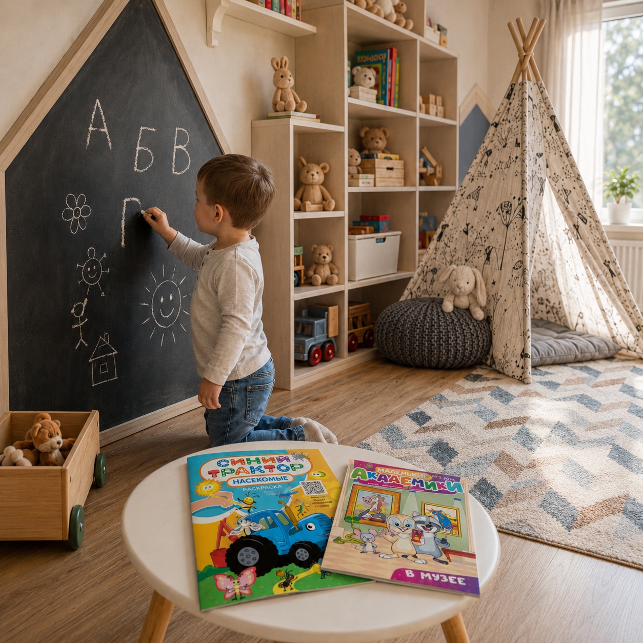 Ein kleiner alter Junge schreibt im Kinderzimmer russische Buchstaben mit Kreide an eine Tafel. Auf dem kleinen Tisch liegen die Zeitschriften „Sinij traktor“ und „Malen'kie akademiki“.