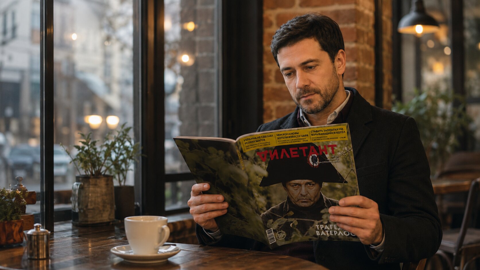 Ein Mann sitzt in einem gemütlichen Café am Fenster und liest die russische Zeitschrift „Дилетант“. Vor ihm steht eine Tasse Kaffee, im Hintergrund ist eine ruhige Stadtstraße zu sehen.