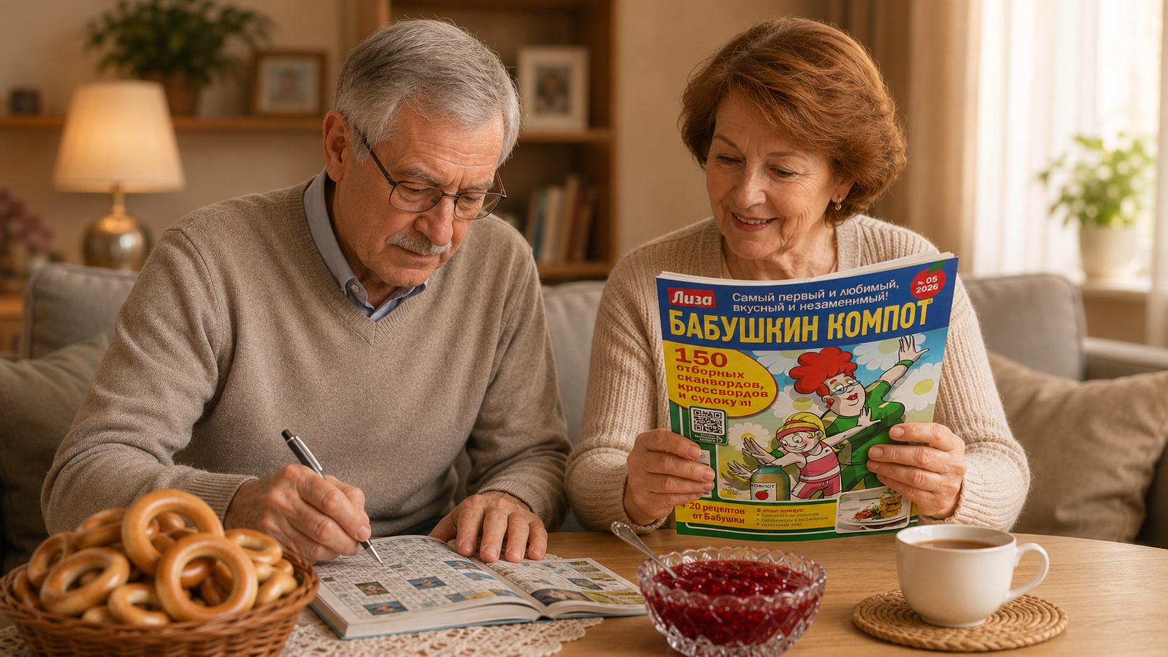 Älteres Paar sitzt gemütlich im Wohnzimmer: Der Mann trägt eine Brille und löst konzentriert ein russisches Kreuzworträtsel, die Frau liest die Zeitschrift „Lisa. Babuschkins Kompott“. Auf dem Tisch stehen Tee, Marmelade und Gebäck.