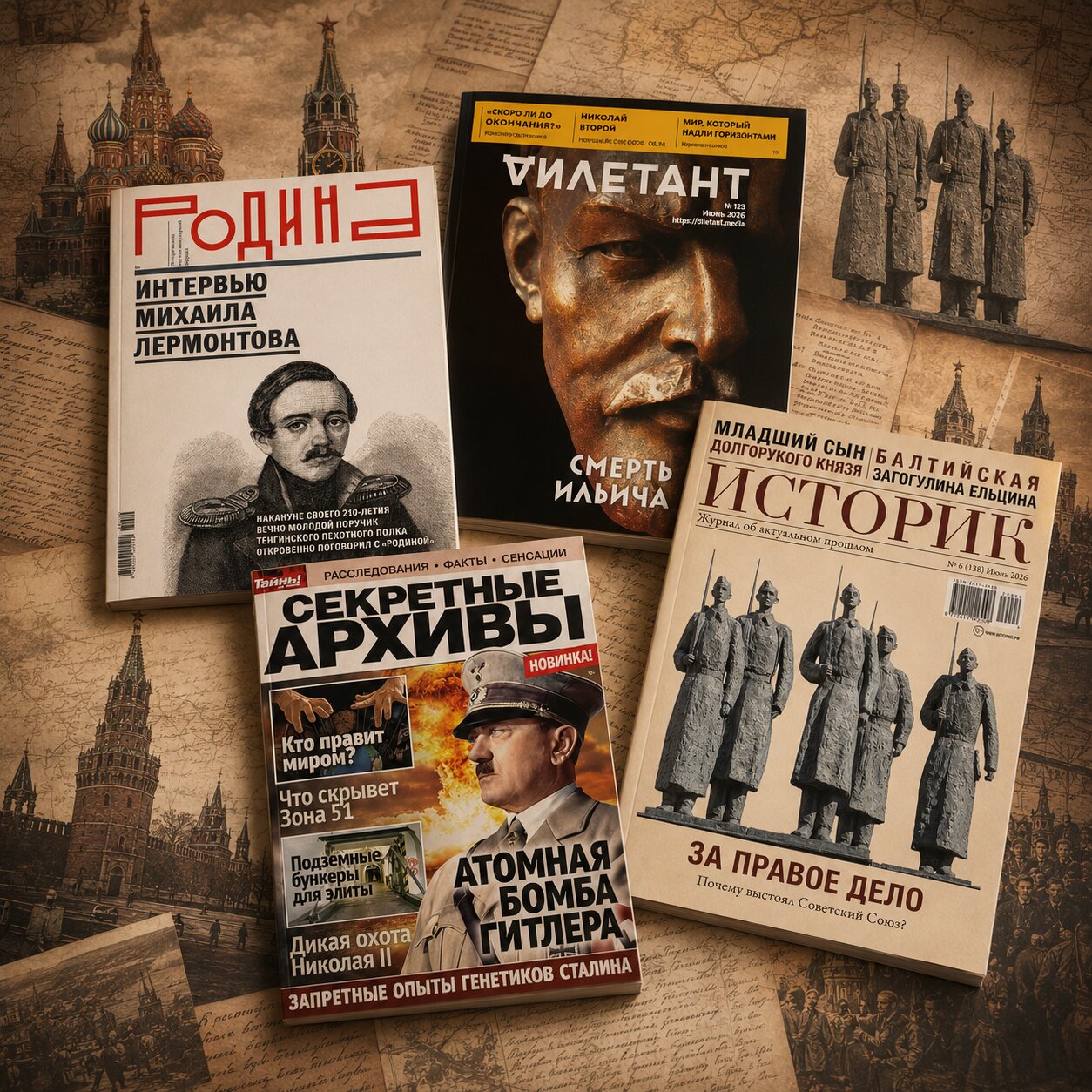 Verschiedene russische Magazine über Geschichte liegen auf einem historischen Hintergrund mit alten Karten, Handschriften und Motiven aus der russischen Vergangenheit.